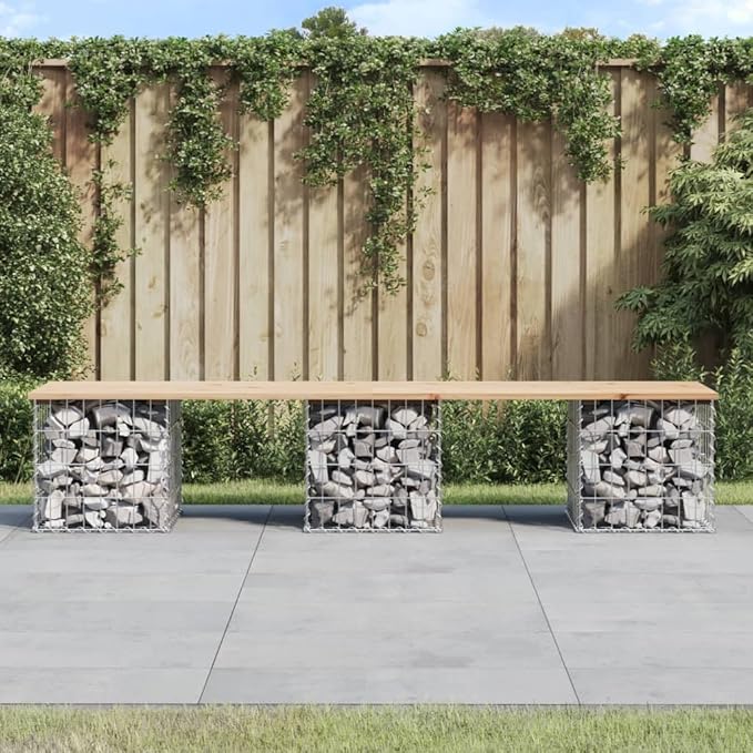 79,9 inch Rustic Garden Bench Solid Pine & Galvanized Gabion Base, 3-Seat Outdoor Patio Loveseat, Weather-Resistant Long Porch Seat for Yard Balcony Park