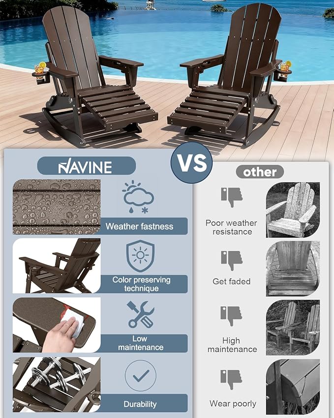 Adirondack Rocking Chairs Set of 6 with Retractable Ottoman, All Weather Folding Adirondack Chair with Two Cup Holders, Adirondack Outdoor Rocking Chairs for Porch, Patio, Balcony. Coffee