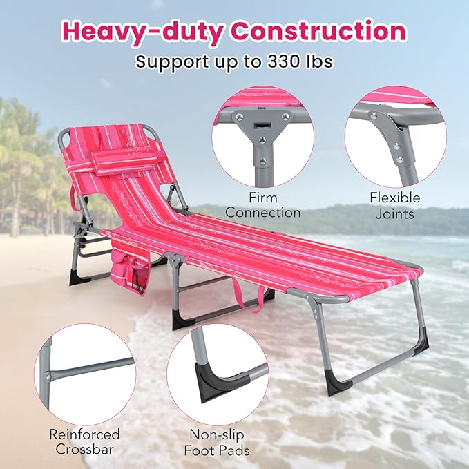 COSTWAY Folding Beach Lounge Chair, Tanning Chair with Face Hole, 5-Position Adjustable Backrest, Pillow & Side Pocket, Foldable Chaise Lounge Chair Outdoor for Sunbathing, Camping (1, Pink+White)