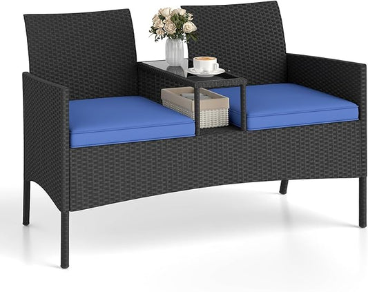 HAPPYGRILL Outdoor Rattan Loveseat, 2-Seat Patio Conversation Set with Built-in Coffee Table, Cushions, Wicker Bench Furniture for Backyard, Garden, Balcony, Porch (Navy)