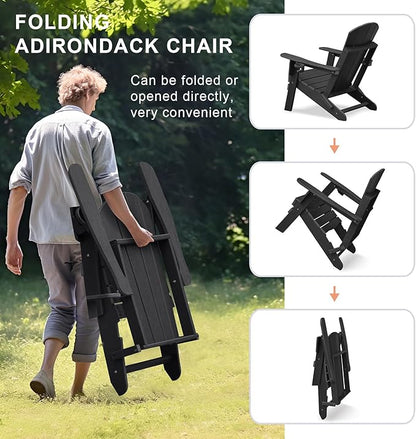 Skypatio Folding Adirondack Chair with Cup Holder, Weather Resistant Portable Patio Fire Pit Chairs, 380 lb Weight Capacity Adirondack Chairs for Porch, Beach, Poolside, Deck, Lawn (Black, Set of 1)