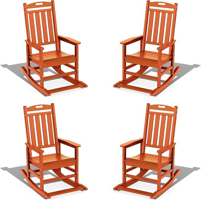 LOUNZY Outdoor Rocking Chair with Footboards Set of 4, HDPE Rocking Chair Patio Porch Rocker with 380lbs Support for Adult, Orange