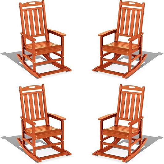 LOUNZY Outdoor Rocking Chair with Footboards Set of 4, HDPE Rocking Chair Patio Porch Rocker with 380lbs Support for Adult, Orange