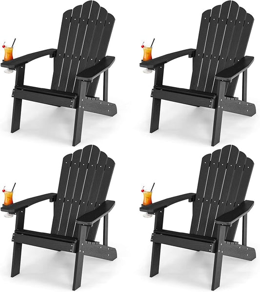 Giantex Outdoor Adirondack Chair - Oversized Patio Chairs w/Hidden Cup Holder, Realistic Wood Grain, 380 LBS Weight Capacity, Weather Resistant Firepit Chairs for Backyard, Garden (4, Black)