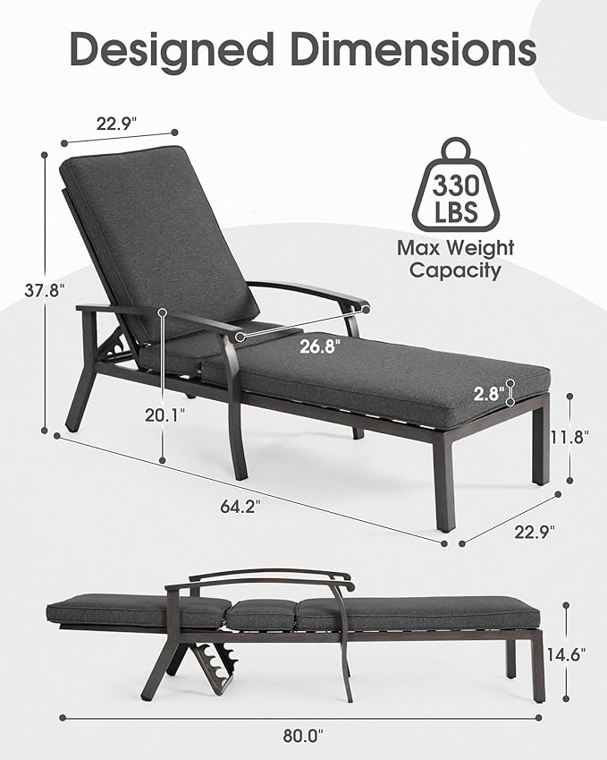 HOMEFUN Outdoor Chaise Lounge Chair, Hand-Brushed Wood Grain Cast Aluminum Reclining Lounger with Cushion - Photo 2