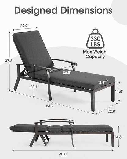 HOMEFUN Chaise Lounge Chair Set of 2, Hand-Finished Wood Grain Cast Aluminum Reclining Loungers with Cushions, 5-Position Adjustable Backrest, Waterproof Seats, Wheels for Patio & Poolside, Grey