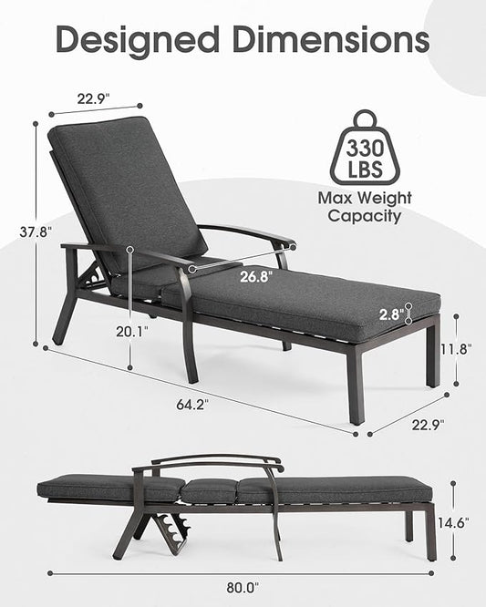 HOMEFUN Chaise Lounge Chair Set of 2, Hand-Finished Wood Grain Cast Aluminum Reclining Loungers with Cushions, 5-Position Adjustable Backrest, Waterproof Seats, Wheels for Patio & Poolside, Grey