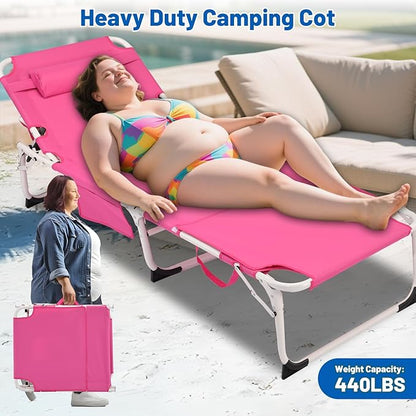 XMT 3-in-1 Tanning Chair with Face Hole for Outside, 5-Position Reclining & Head Cushion – Portable Folding Beach Lounge Chairs for Pool, Lawn, Yard (Pink)