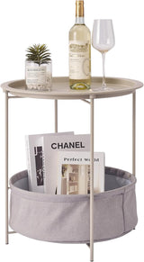 VECELO Round Side/End Table with Fabric Storage Basket，Metal Anti-Rust and Waterproof Small Bedside Nightstand with - Photo 1