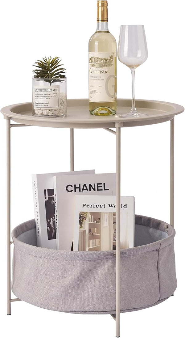 VECELO Round Side/End Table with Fabric Storage Basket，Metal Anti-Rust and Waterproof Small Bedside Nightstand with - Photo 1