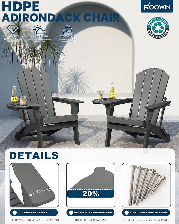 FOOWIN Folding Adirondack Chair Set of 8, HDPE Adirondack Chairs with Cup Holder - Photo 4