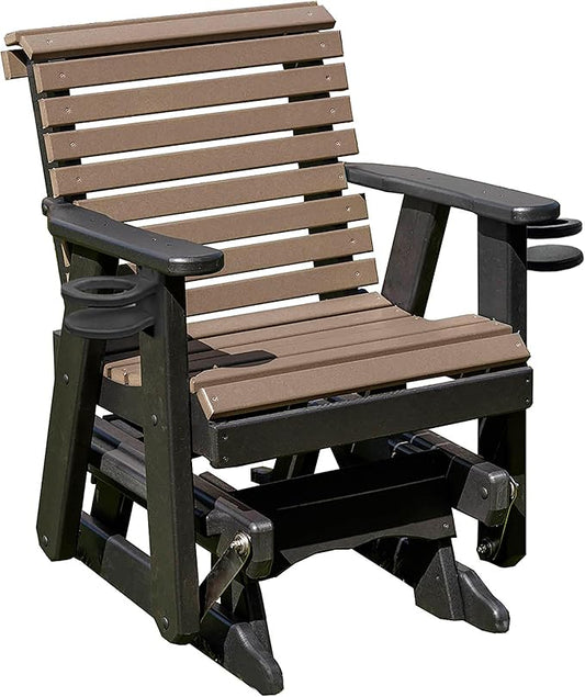 Amish Craftsmanship Made in USA 2FT Heavy Duty Poly Lumber Wood Porch Patio Glider HDPE with No wood fibers Lancaster Series Rollback design 500 lbs Limit With Cupholders Weatherwood on Black
