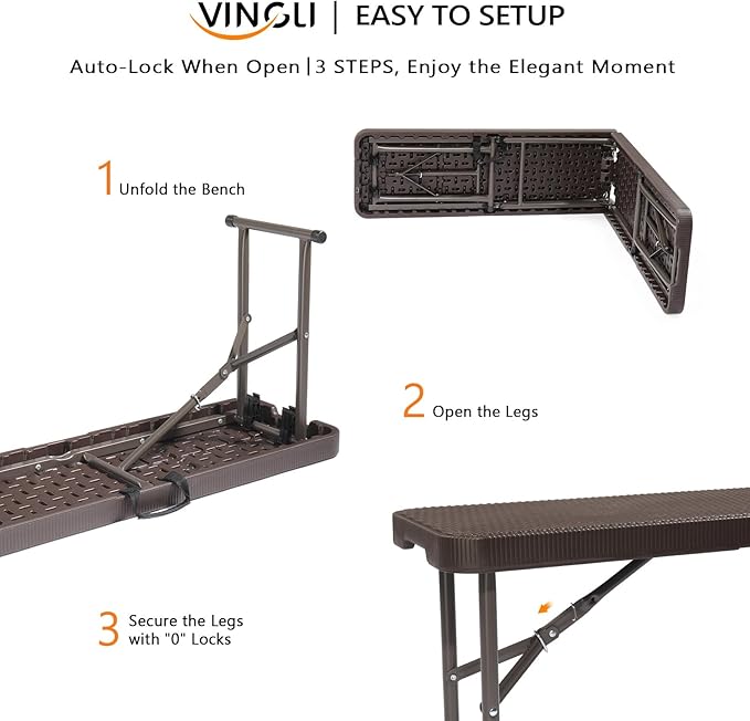 VINGLI 6 feet Plastic Folding Bench,Portable in/Outdoor Picnic Party Camping Dining Seat, Garden Soccer Multipurpose Entertaining Activities, Smooth HDPE Tabletop (1, Brown, 6ft)