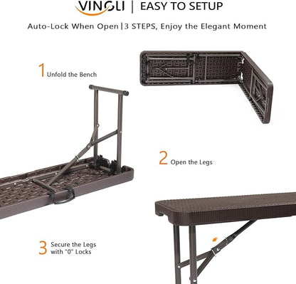 VINGLI 6 feet Plastic Folding Bench,Portable in/Outdoor Picnic Party Camping Dining Seat, Garden Soccer Multipurpose Entertaining Activities, Smooth HDPE Tabletop (1, Brown, 6ft)