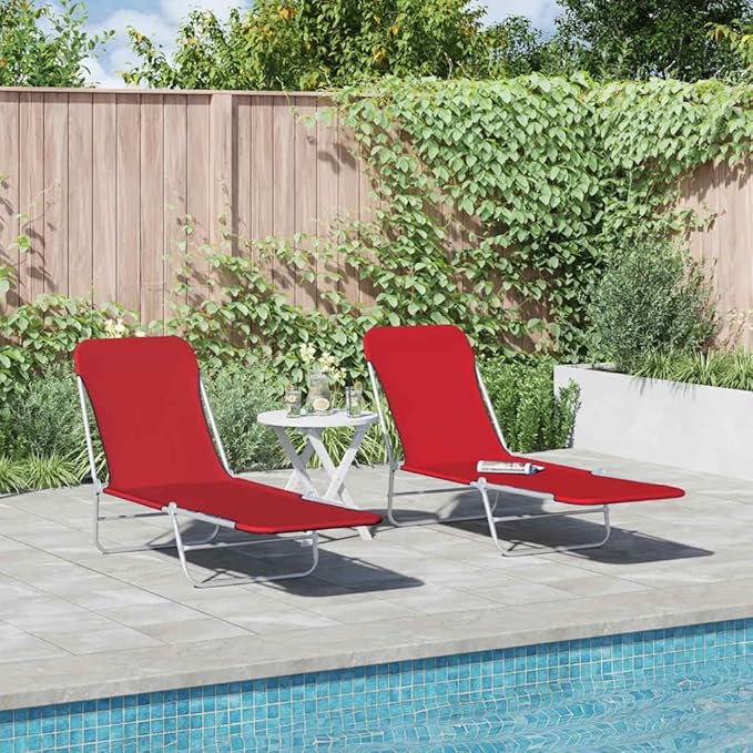 Red Folding Sun Lounger Set, 2-Pack, 71.7"x22"x9.6", Steel Frame, UV Fabric, for Garden Pool Camping
