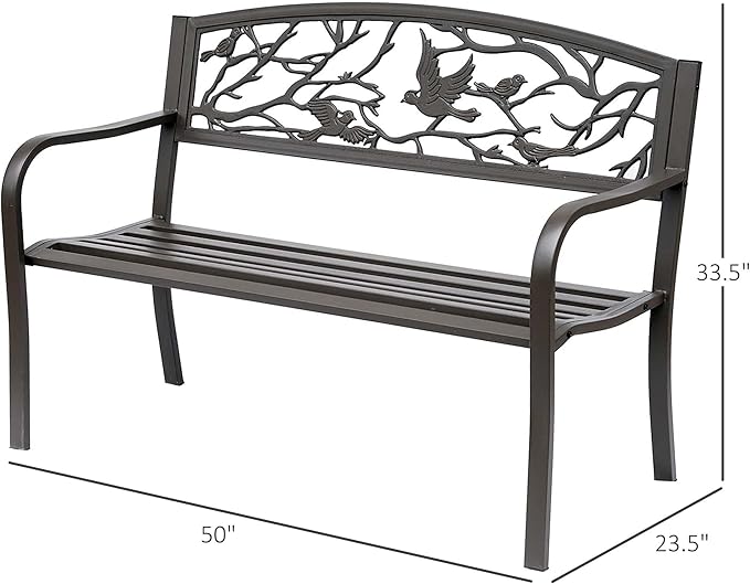 Outsunny 50" Garden Bench, Outdoor Patio Bench with Animal Pattern, Cast Steel Metal Bench for Yard, Lawn, Porch, Brown