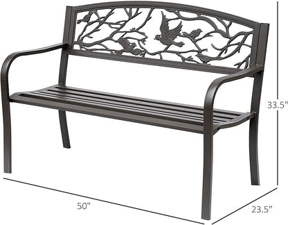 Outsunny 50" Garden Bench, Outdoor Patio Bench with Animal Pattern, Cast Steel Metal Bench for Yard, Lawn, Porch, Brown