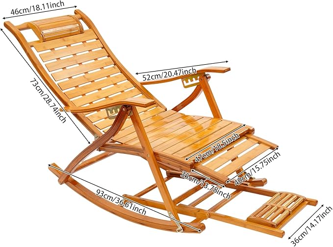 Folding Bamboo Rocking Chair, Adjustable Back Patio Reclining Chair with Headrest Pillow - Photo 3