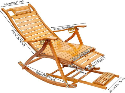 Folding Bamboo Rocking Chair, Adjustable Back Patio Reclining Chair with Headrest Pillow, Outdoor Beach Lounge Chair for Patio, Beach, Yard, Lawn, Pool