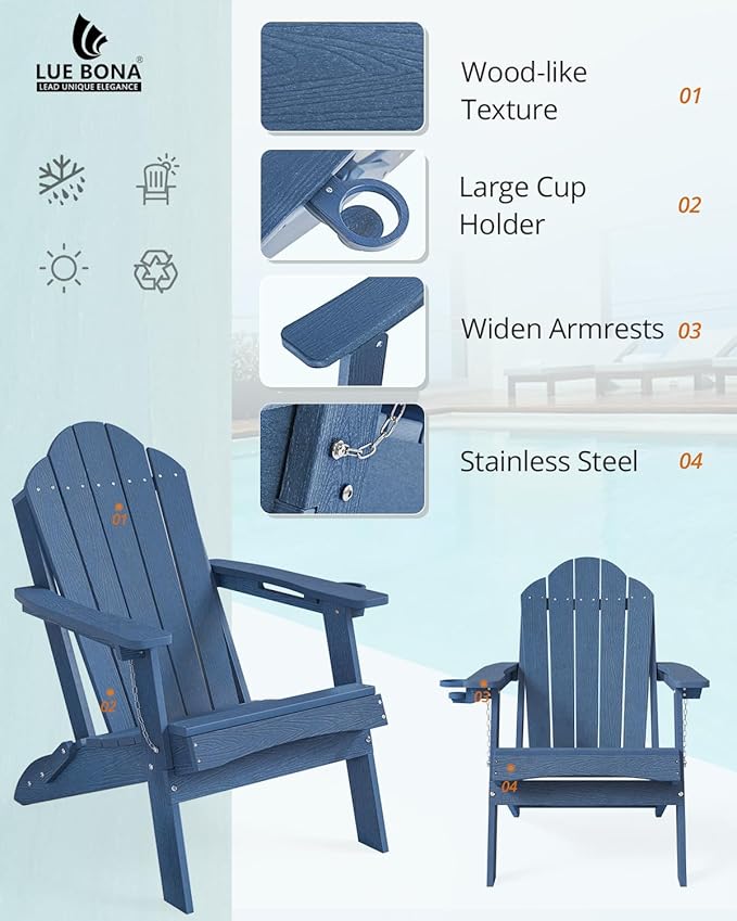 LUE BONA Folding Adirondack Chair, Chairs Set of 6, Cup Holder, Woodgrain, Fire Pit, Patio, Pool, Blue