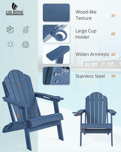 LUE BONA Folding Adirondack Chair, Chairs Set of 6, Cup Holder, Woodgrain, Fire Pit, Patio, Pool, Blue