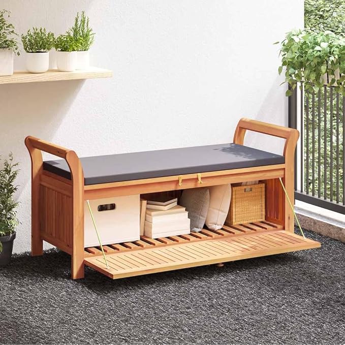 Outdoor Storage Bench with Cushion, Solid Acacia Wood Garden Seating for Patio, Backyard, Deck, Weather-Resistant Brown Storage Chest, 2-Seater