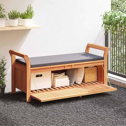 Outdoor Storage Bench with Cushion, Solid Acacia Wood Garden Seating for Patio, Backyard, Deck, Weather-Resistant Brown Storage Chest, 2-Seater