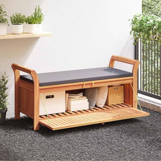 vidaXL Garden Storage Bench Wood with Dark Grey Cushion