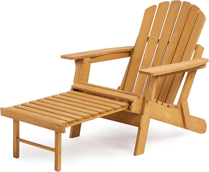 Oversized Outdoor Wooden Folding Adirondack Chair with Retractable Ottoman, Wood Patio Chair with Footrest for Garden Backyard Porch Pool Deck Firepit