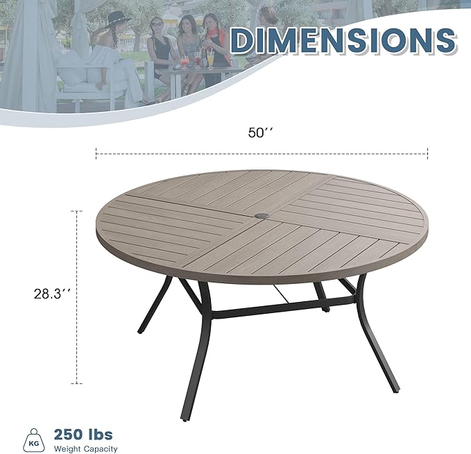 DIFY 50" Round Outdoor Patio Dining Table for 6, Metal Patio Table with 1.57" Adjustable Umbrella Hole, All-Weather Outdoor Furniture Table for Garden Backyard Deck, Grey Wood-Like