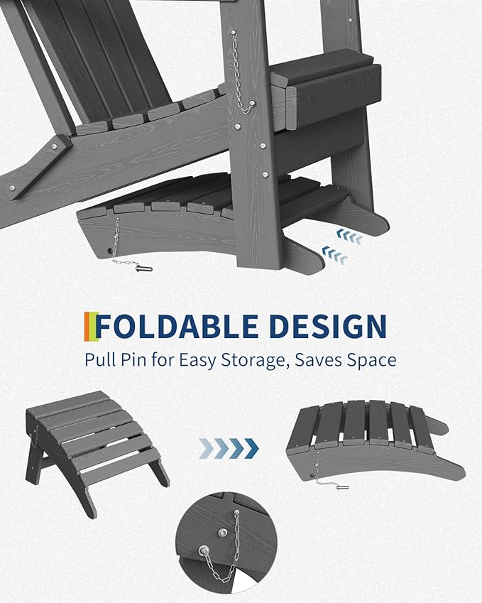 GarveeLife Folding Adirondack Ottoman for Adirondack Chair, HDPE All-Weather Footrest for in/Outdoor Patio Deck Backyard, Grey