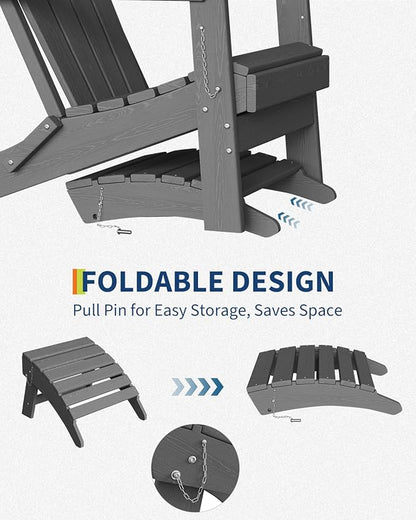 GarveeLife Folding Adirondack Ottoman for Adirondack Chair, HDPE All-Weather Footrest for in/Outdoor Patio Deck Backyard, Grey