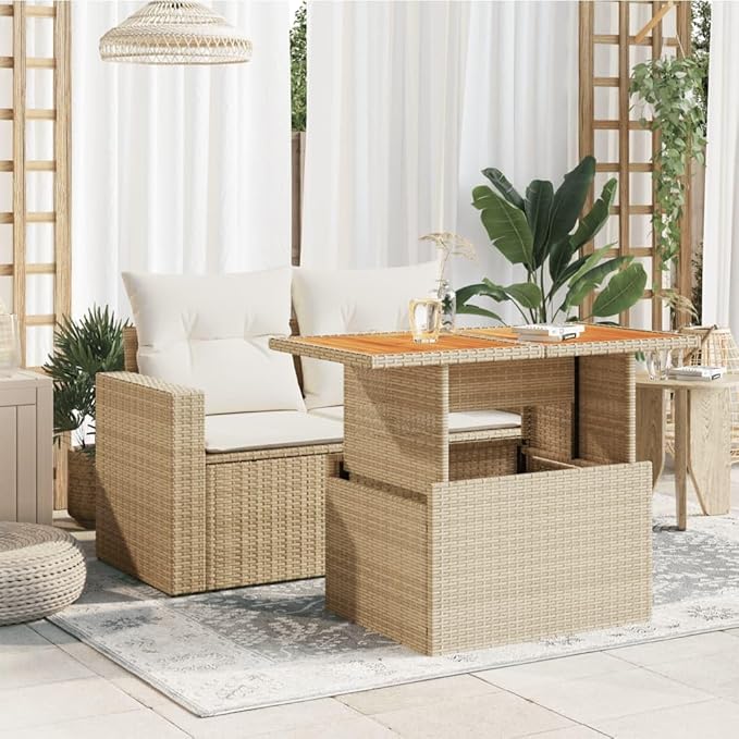 Adjustable Height Garden Table with Acacia Wood Top, Beige PE Rattan - Photo 3