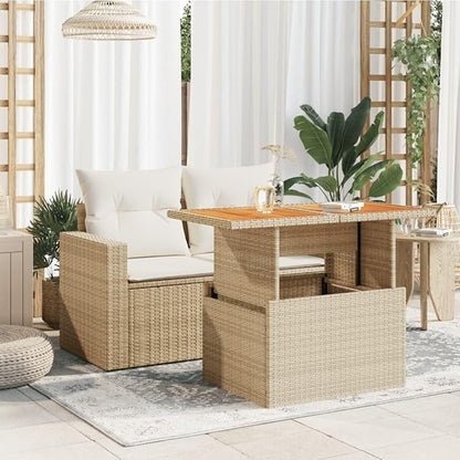 Beige Rectangular Adjustable Garden Table 39.4x21.7x28.7 in, PE Rattan Outdoor Side Table with Acacia Wood Top, Height-Changeable Patio Coffee Table for Balcony, Terrace & Poolside