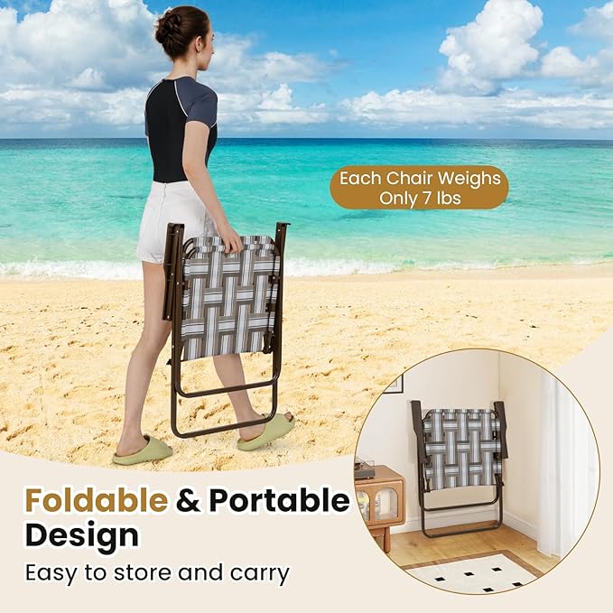 GYMAX Lawn Chair Folding, Webbed Beach Lounge Chairs Set with Highback - Photo 6