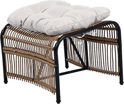Christopher Knight Home Hanley Patio Wicker Lounge Chair with Ottoman Footrest+Coffee Table, 3-Piece Outdoor Furniture Set for Porch/Balcony/Deck/Backyard, Metal Frame+Soft Cushions,Beige+Black+Brown