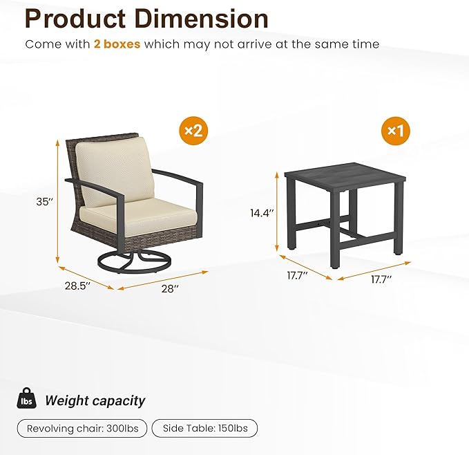 Green4ever 3-Pieces Patio Swivel Rocking Chairs Rocking with Sidetable, Metal Outdoor Rocking Chair, All Weather Rattan Patio Chairs for Porch, Bistro, Balcony, Beige