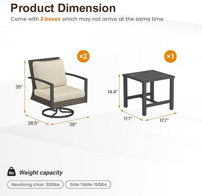 Green4ever 3-Pieces Patio Swivel Rocking Chairs Rocking with Sidetable, Metal Outdoor Rocking Chair, All Weather Rattan Patio Chairs for Porch, Bistro, Balcony, Beige