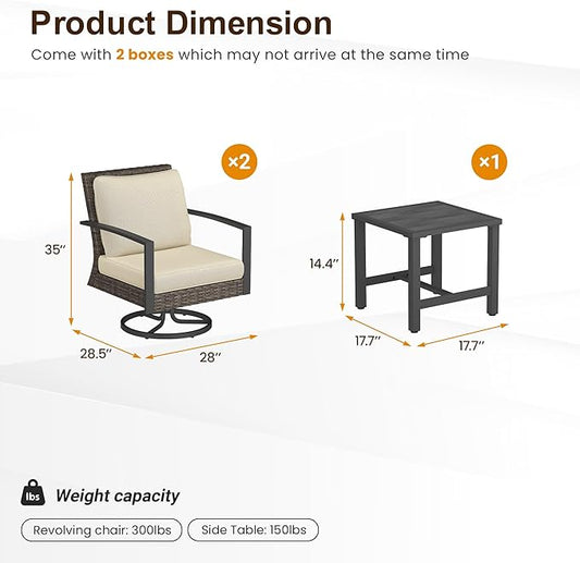 Green4ever 3-Pieces Patio Swivel Rocking Chairs Rocking with Sidetable, Metal Outdoor Rocking Chair, All Weather Rattan Patio Chairs for Porch, Bistro, Balcony, Beige