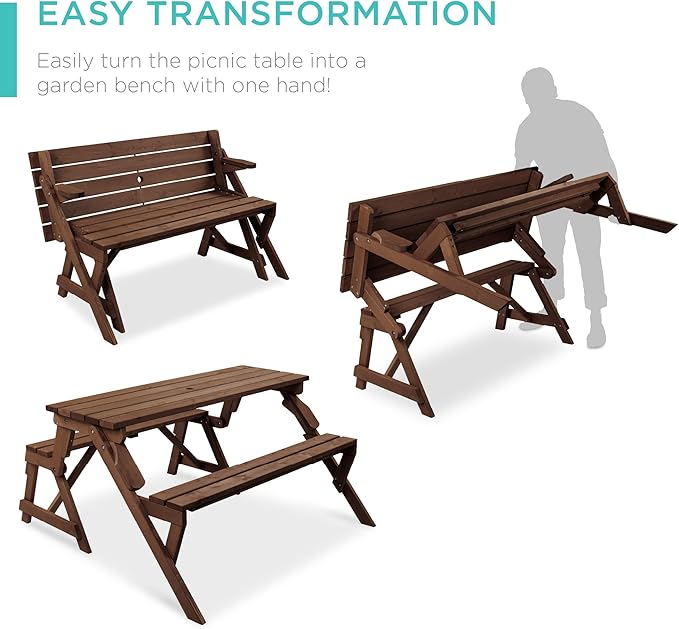 Best Choice Products 2-in-1 Transforming Interchangeable Outdoor Wooden Picnic Table Garden Bench for Backyard, Porch - Photo 2