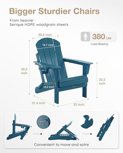 Folding Adirondack Chair, Patio Chair Wood Texture, Outdoor Chair Weather Resistant, Fire Pit Chair with Cup Holder, Composite Adirondack Chair Set of 4(Navy Blue)