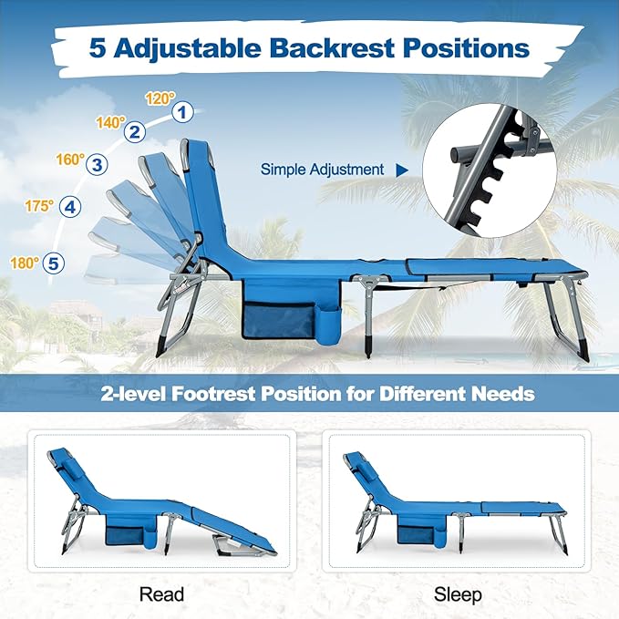 Tangkula Beach Lounge Chair, Outdoor Folding Tanning Chair with Face/Arm Hole, 2 Carry Handle, Pillow - Photo 5