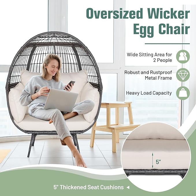 Tangkula Oversized Wicker Egg Chair, Stationary Patio Lounge Basket w/ 4 Soft Cushions, Stable Metal Frame, Gorgeous Indoor Outdoor Lounge Chair, Ideal for Living Room, Backyard, 450 LBS Max Load