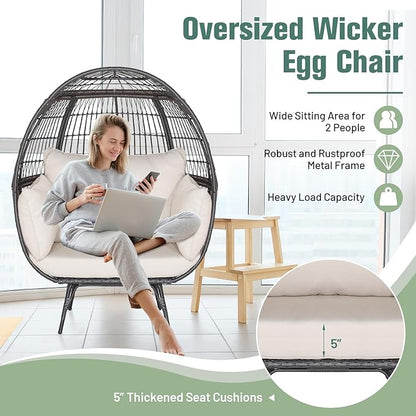 Tangkula Oversized Wicker Egg Chair, Stationary Patio Lounge Basket w/ 4 Soft Cushions, Stable Metal Frame, Gorgeous Indoor Outdoor Lounge Chair, Ideal for Living Room, Backyard, 450 LBS Max Load