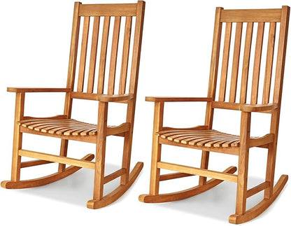 Tangkula Acacia Wood Porch Rocking Chair Set, Wooden Rocking Chair Rocker with High Back & Armrest for Indoor Outdoor Use, Patio Rocker for Garden Lawn Balcony Backyard Poolside (2, Teak)