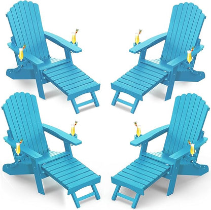 ZHUSI Folding Adirondack Chairs Set of 4 with Retractable Ottoman, Adjustable Adirondack Chair with 2 Cup Holders, Outdoor Chairs for Porch Patio Lawn Balcony Weather Resistant, Lake Blue