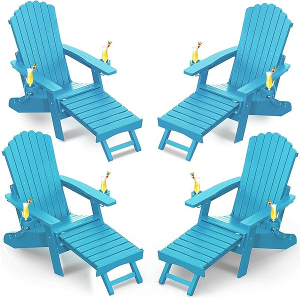 ZHUSI Folding Adirondack Chairs Set of 4 with Retractable Ottoman, Adjustable Adirondack Chair with 2 Cup Holders - Photo 1