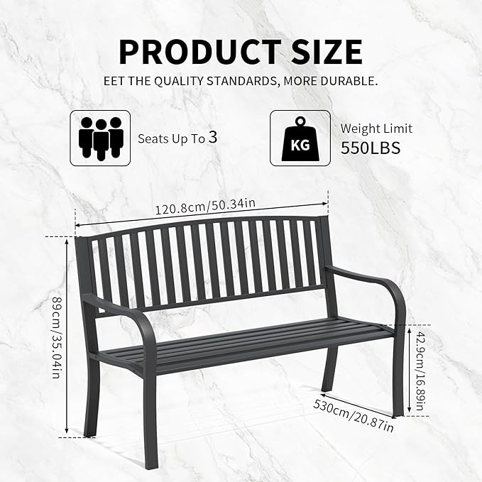 YLGJ&TIDY 50 Inches Garden Benches for Outdoor Patio Bench with Stripe Pattern Backrest Armrest Weatherproof Park Benches Metal Bench for Garden Park Porch Lawn Yard (BENCH08 2PCS)