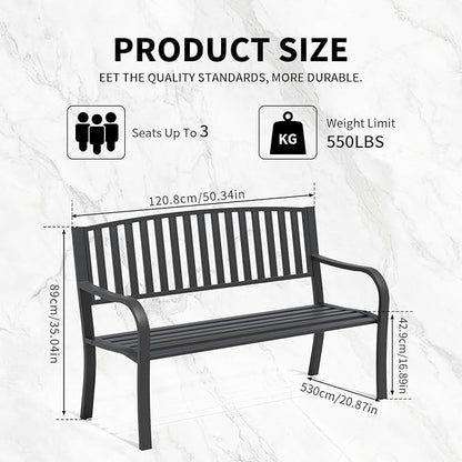 YLGJ&TIDY 50 Inches Garden Benches for Outdoor Patio Bench with Stripe Pattern Backrest Armrest Weatherproof Park Benches Metal Bench for Garden Park Porch Lawn Yard (BENCH08 2PCS)