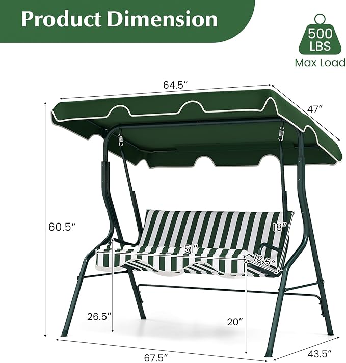 RELAX4LIFE 3-Person Porch Swing Chair - Outdoor Swing w/Adjustable Canopy, Removable Cushion & Metal Frame Stand - Photo 8